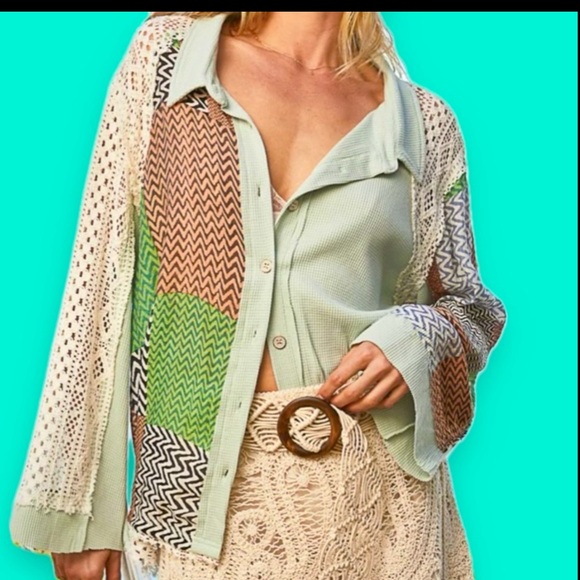 POL Color Block Crochet Long sleeve button down shirt  Oversized Large - Picture 11 of 11